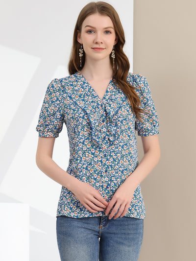 Summer Short Sleeve V Neck Ruffle Floral Button Down Shirt Top