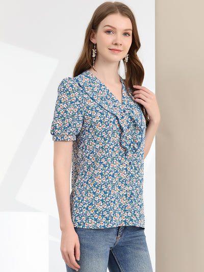 Summer Short Sleeve V Neck Ruffle Floral Button Down Shirt Top