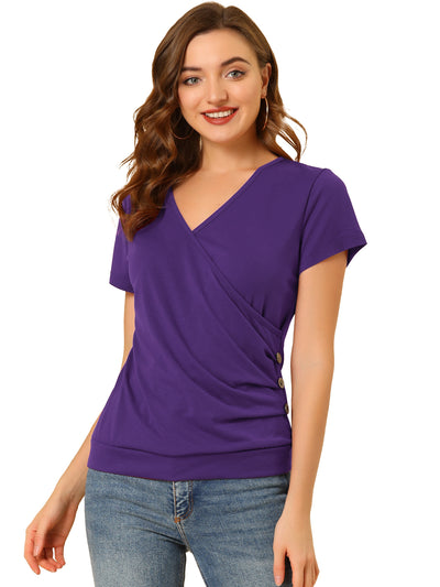 Wrap V Neck Short Sleeve Button Decor Ruched Top