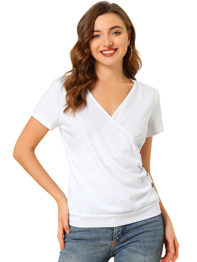 Wrap V Neck Short Sleeve Button Decor Ruched Top