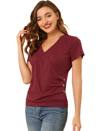 Wrap V Neck Short Sleeve Button Decor Ruched Top