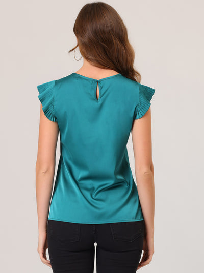 Satin Work Office Top Cut Out Keyhole Back Pleated Cap Sleeve Blouse