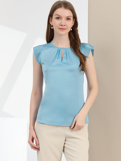 Satin Work Office Top Cut Out Keyhole Back Pleated Cap Sleeve Blouse