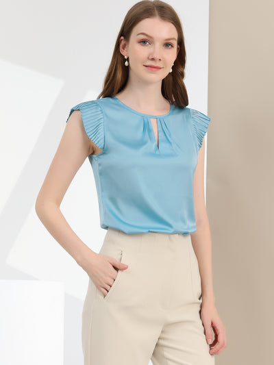 Satin Work Office Top Cut Out Keyhole Back Pleated Cap Sleeve Blouse