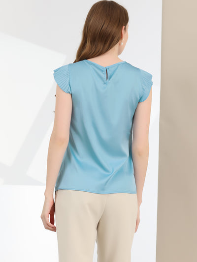 Satin Work Office Top Cut Out Keyhole Back Pleated Cap Sleeve Blouse