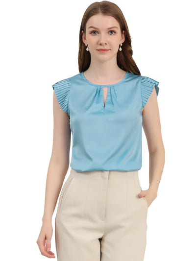 Satin Work Office Top Cut Out Keyhole Back Pleated Cap Sleeve Blouse