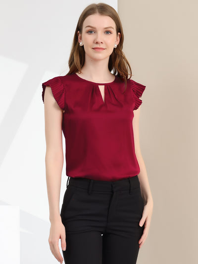 Satin Work Office Top Cut Out Keyhole Back Pleated Cap Sleeve Blouse