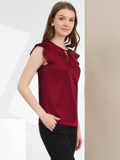 Satin Work Office Top Cut Out Keyhole Back Pleated Cap Sleeve Blouse