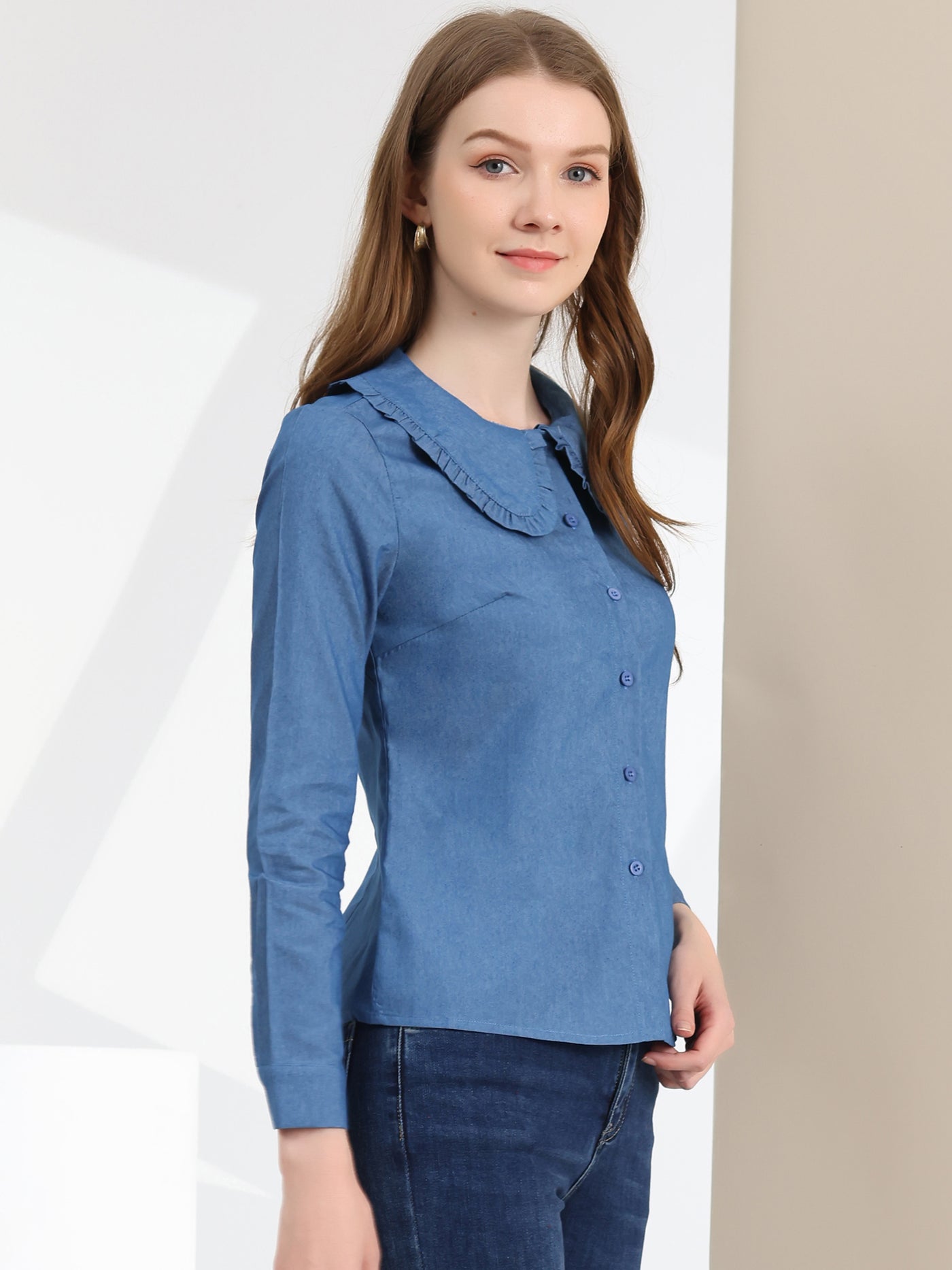 Allegra K Peter Pan Collar Ruffled Button Down Denim Shirt