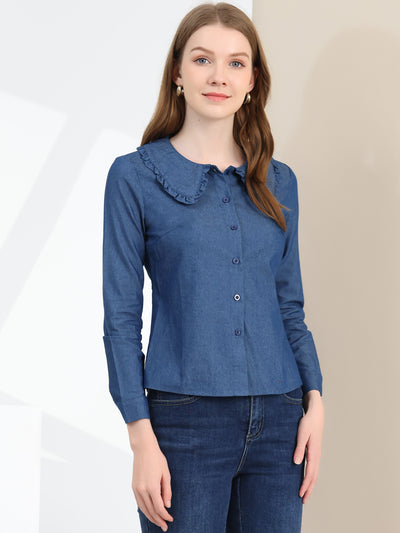 Peter Pan Collar Ruffled Button Down Denim Shirt