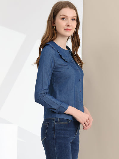 Peter Pan Collar Ruffled Button Down Denim Shirt