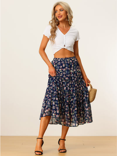 Chiffon Floral Printed Long Tiered Ruffle Boho Midi Skirt