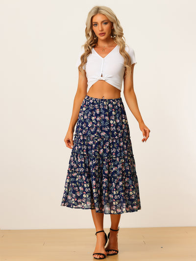 Chiffon Floral Printed Long Tiered Ruffle Boho Midi Skirt