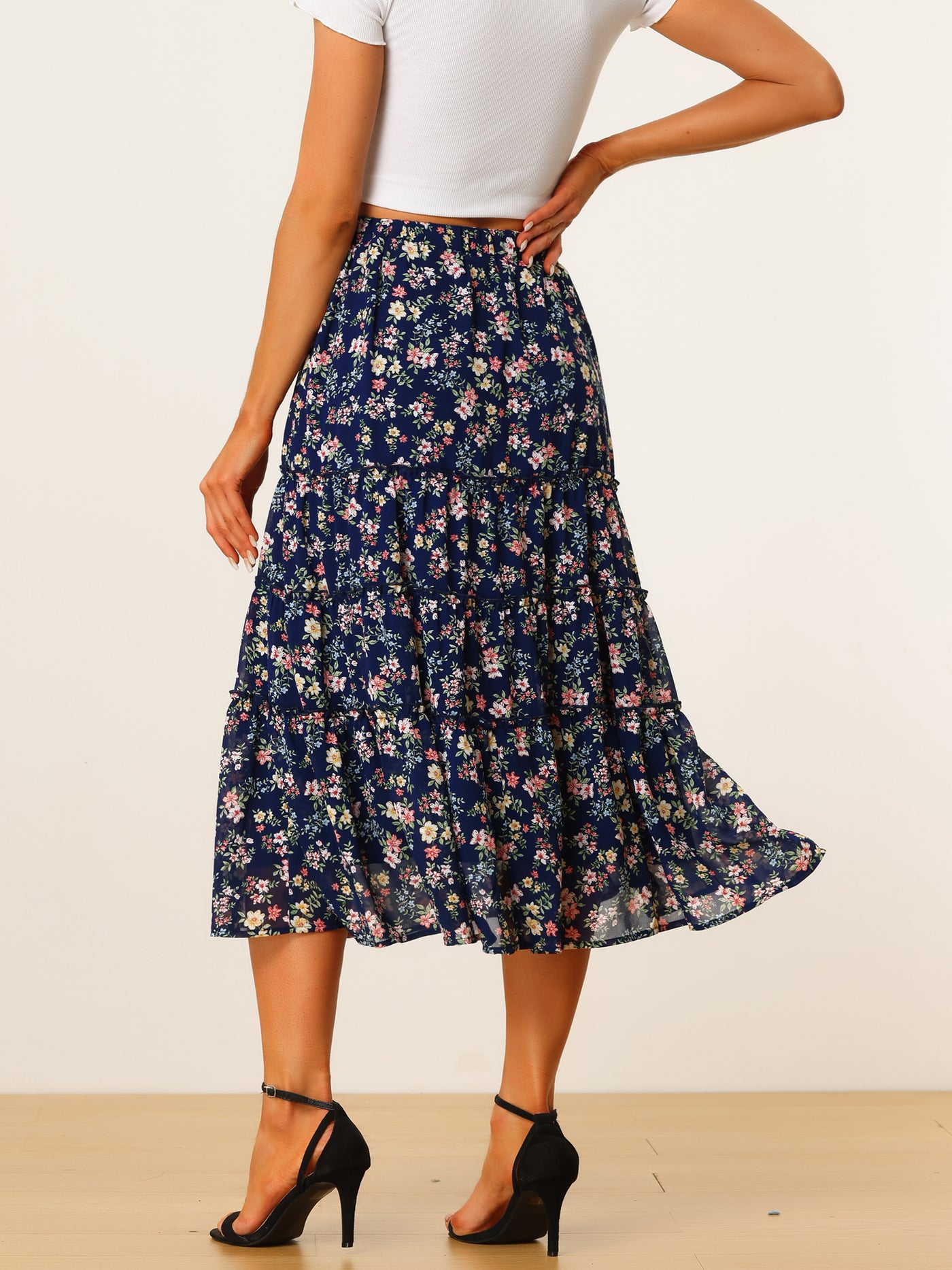 Allegra K Chiffon Floral Printed Long Tiered Ruffle Boho Midi Skirt