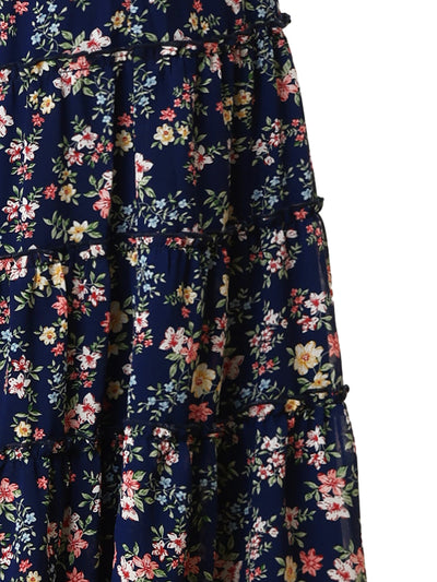 Chiffon Floral Printed Long Tiered Ruffle Boho Midi Skirt