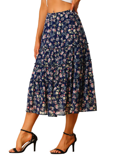 Chiffon Floral Printed Long Tiered Ruffle Boho Midi Skirt