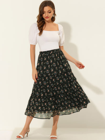 Chiffon Floral Printed Long Tiered Ruffle Boho Midi Skirt