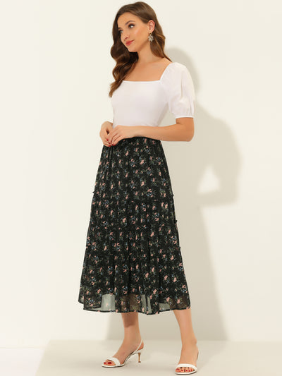 Chiffon Floral Printed Long Tiered Ruffle Boho Midi Skirt