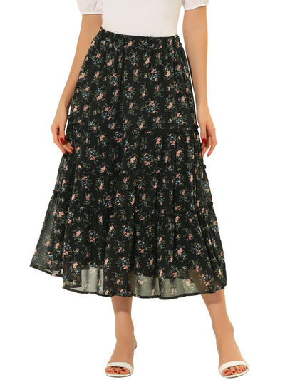 Chiffon Floral Printed Long Tiered Ruffle Boho Midi Skirt