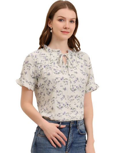 Floral Tie Neck Ruffle Short Sleeve Peasant Blouse Top