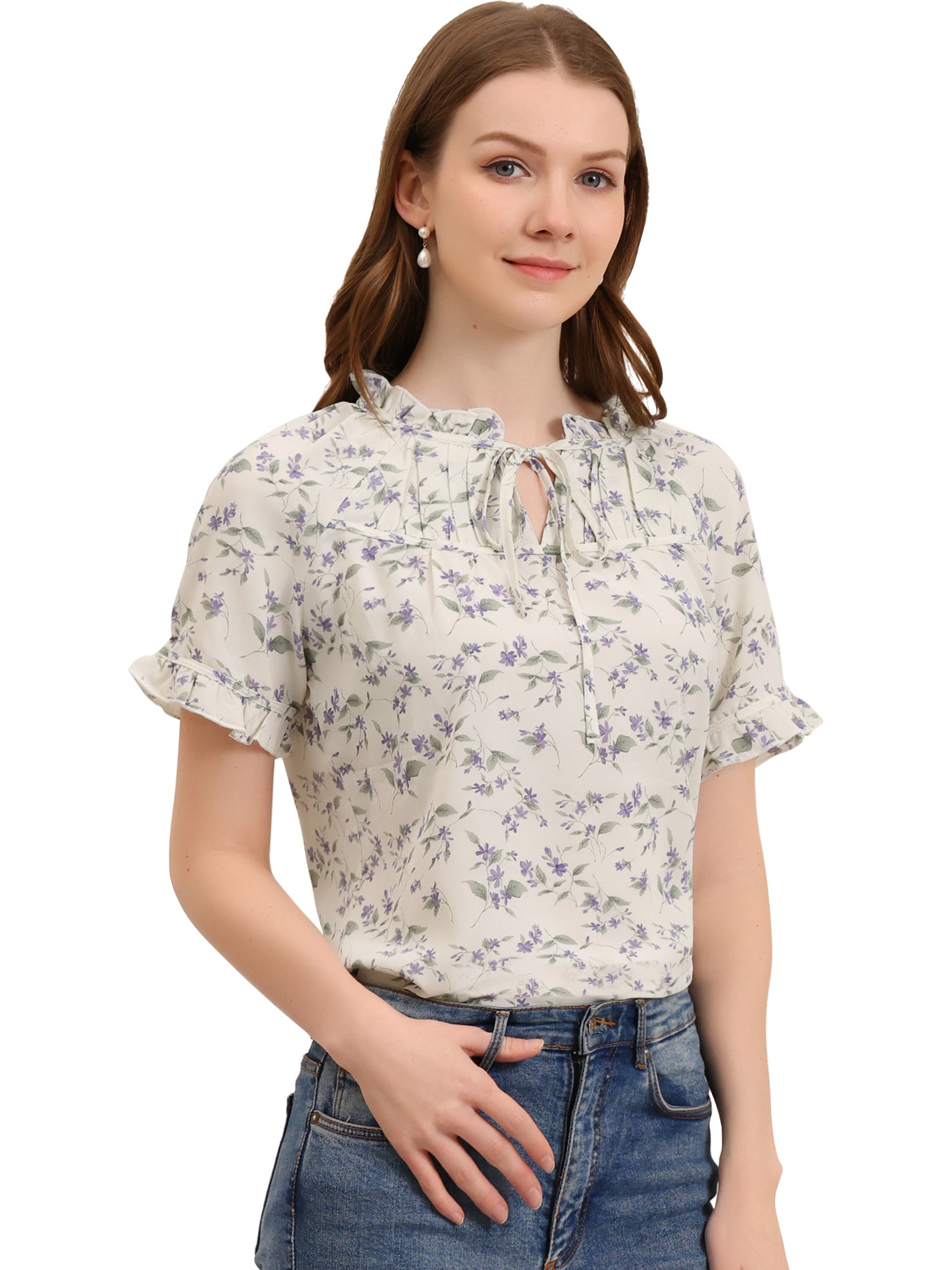 Allegra K Floral Tie Neck Ruffle Short Sleeve Peasant Blouse Top