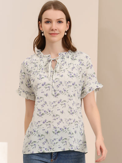 Floral Tie Neck Ruffle Short Sleeve Peasant Blouse Top