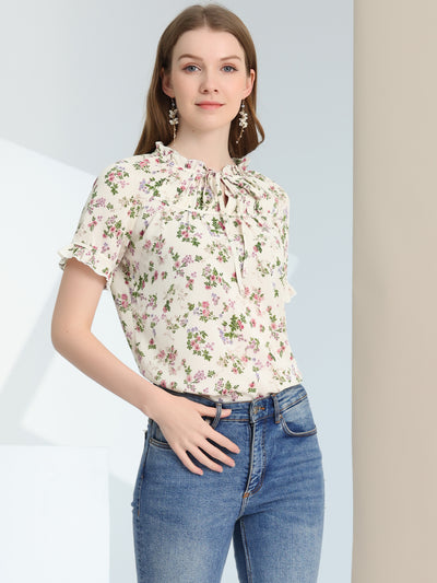 Floral Tie Neck Ruffle Short Sleeve Peasant Blouse Top