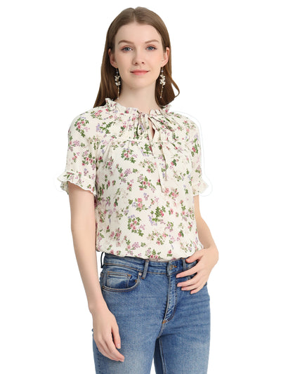 Floral Tie Neck Ruffle Short Sleeve Peasant Blouse Top