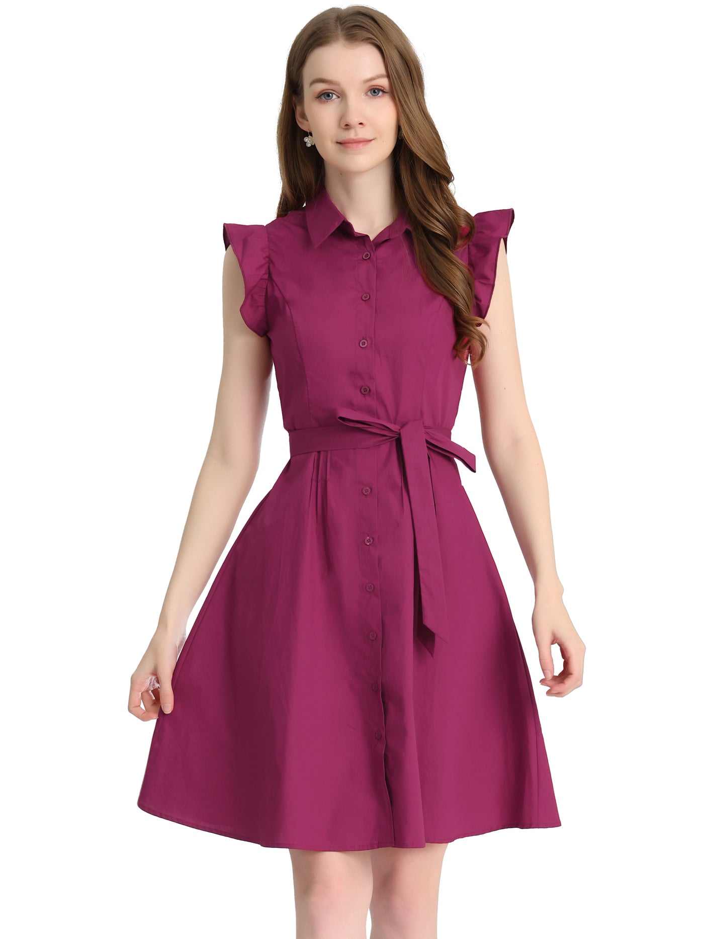 Allegra K Women's Work Office Ruffled Sleeve Button Closure Belted Cotton  Midi Shirt Dress : : Clothing, Shoes & Accessories