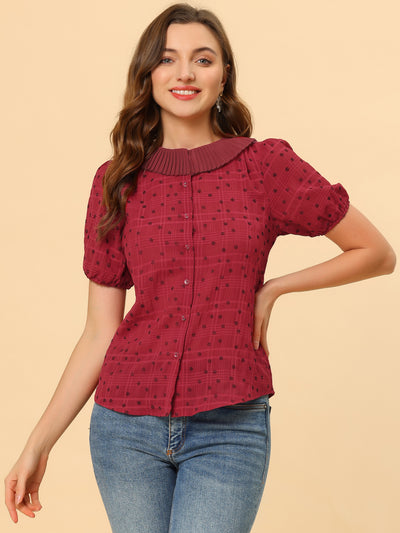 Button Down Short Sleeve Shirt Pleated Collar Floral Blouse