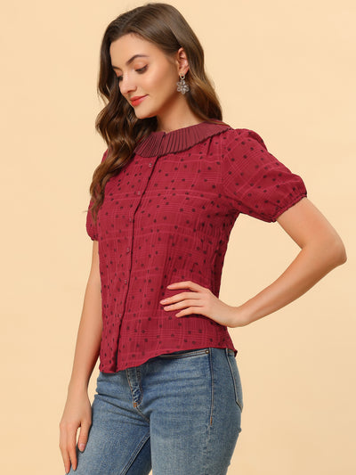 Button Down Short Sleeve Shirt Pleated Collar Floral Blouse