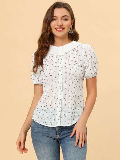 Button Down Short Sleeve Shirt Pleated Collar Floral Blouse