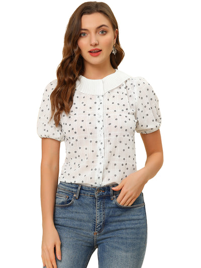 Button Down Short Sleeve Shirt Pleated Collar Floral Blouse