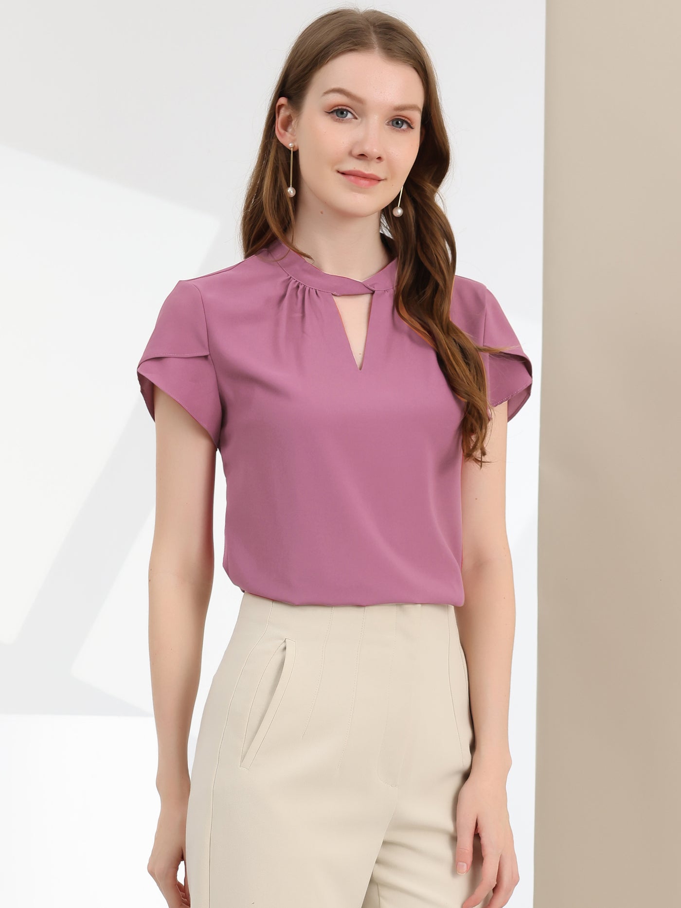 Allegra K Work Keyhole Elegant Stand Collar Petal Sleeve Chiffon Blouse