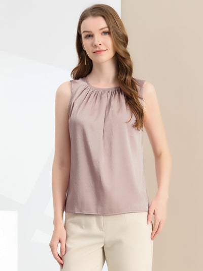 Satin Sleeveless Work Office Pleated Tank Top Blouse