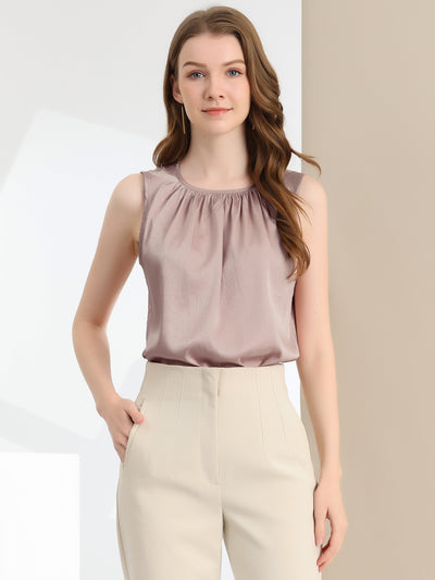 Satin Sleeveless Work Office Pleated Tank Top Blouse