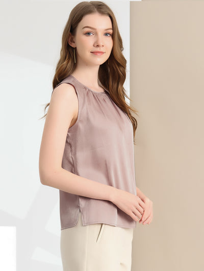 Satin Sleeveless Work Office Pleated Tank Top Blouse