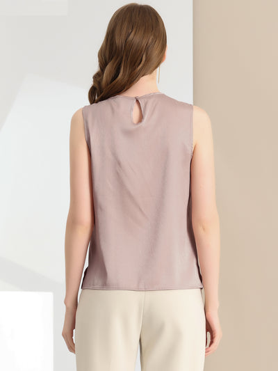 Satin Sleeveless Work Office Pleated Tank Top Blouse