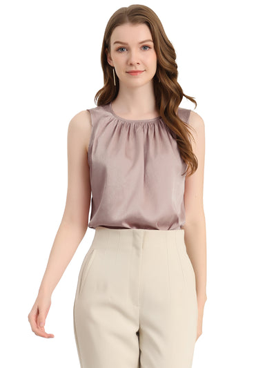 Satin Sleeveless Work Office Pleated Tank Top Blouse