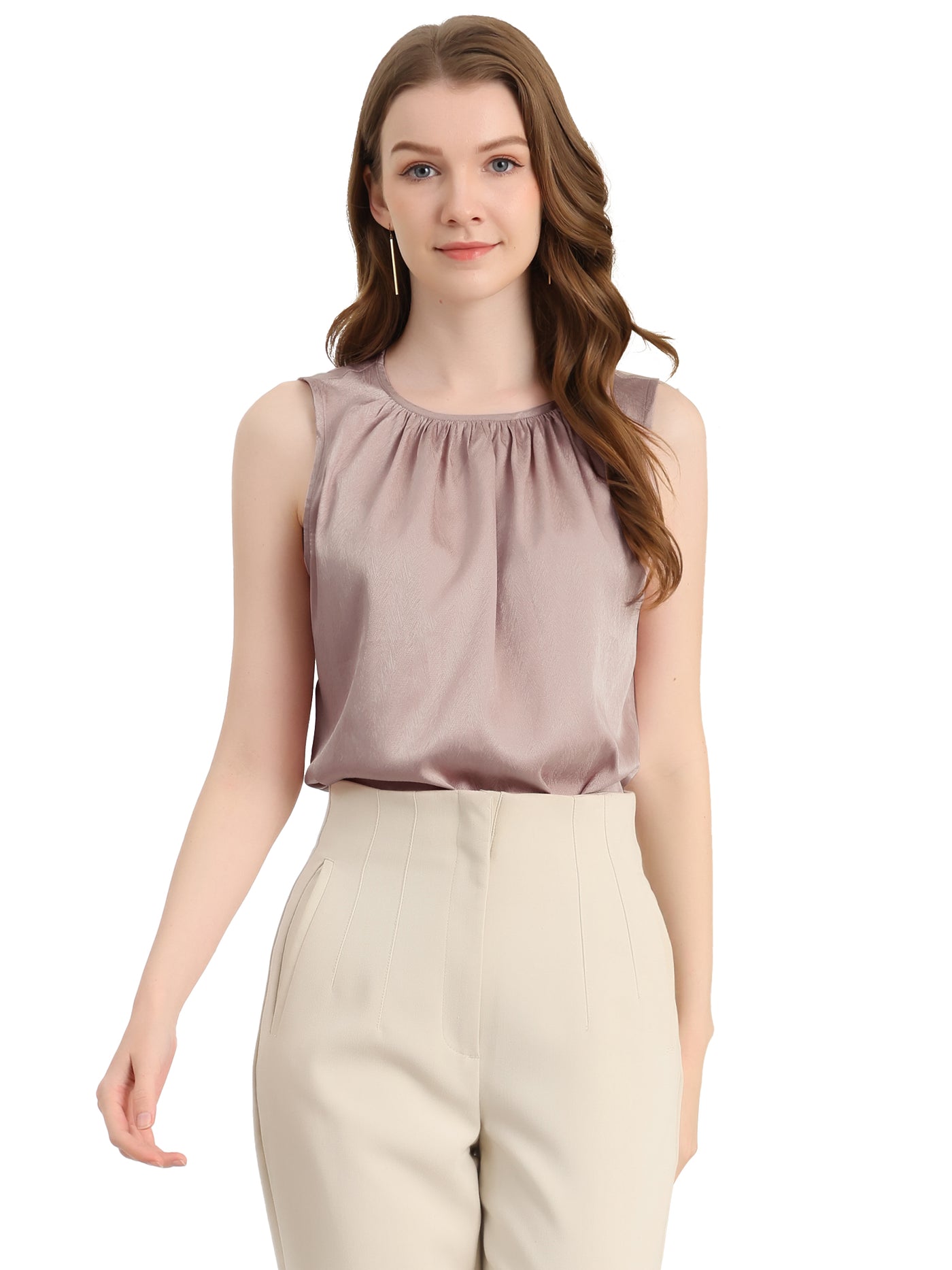 Allegra K Satin Sleeveless Work Office Pleated Tank Top Blouse