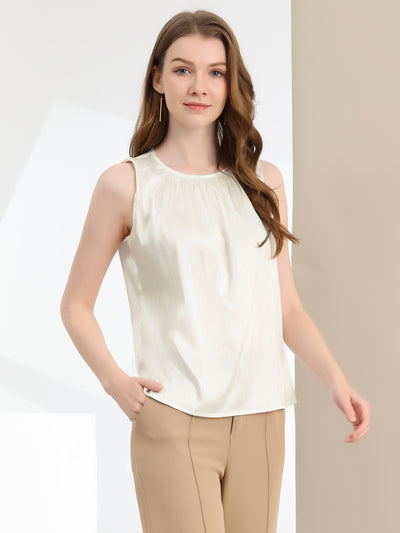 Satin Sleeveless Work Office Pleated Tank Top Blouse