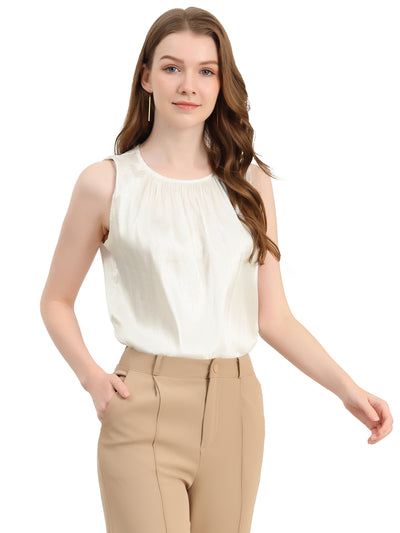 Satin Sleeveless Work Office Pleated Tank Top Blouse