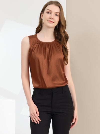 Satin Sleeveless Work Office Pleated Tank Top Blouse