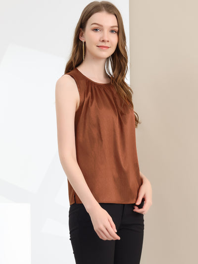 Satin Sleeveless Work Office Pleated Tank Top Blouse