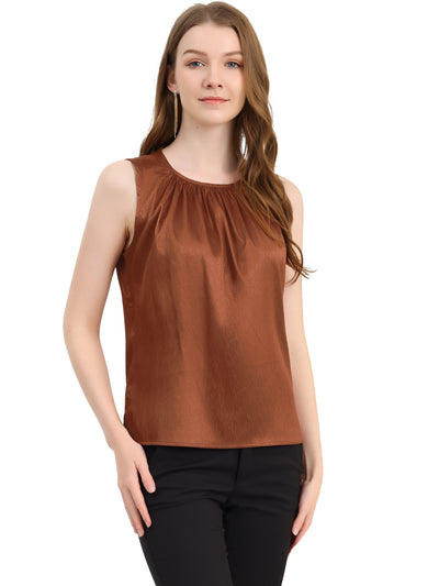 Satin Sleeveless Work Office Pleated Tank Top Blouse