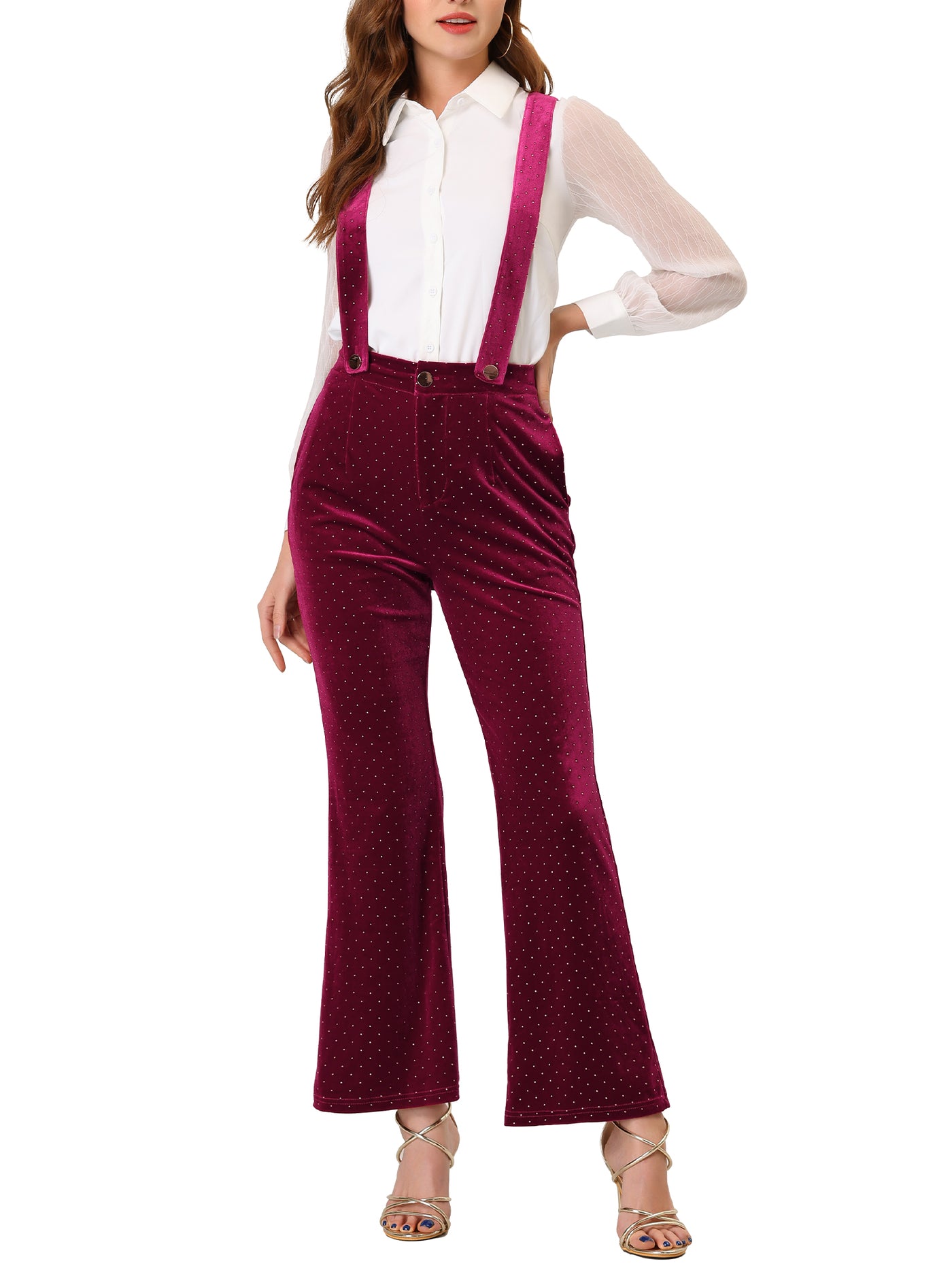 Allegra K Velvet Wide Leg Retro Shiny Glitter Overalls Jumpsuits Pants