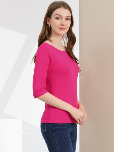 Casual Basic Boat Neck Elbow Sleeve Solid T-shirt