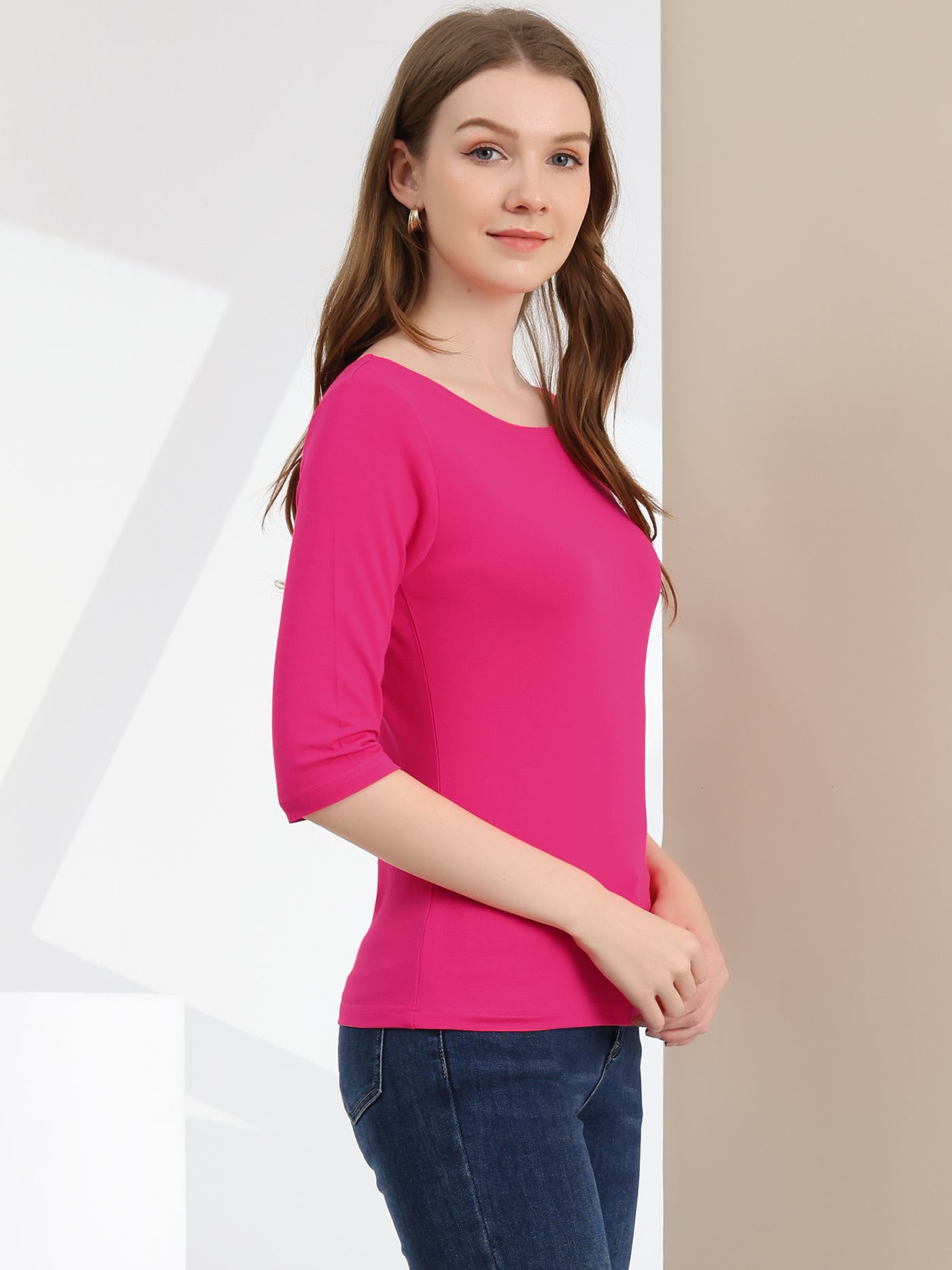 Allegra K Casual Basic Boat Neck Elbow Sleeve Solid T-shirt