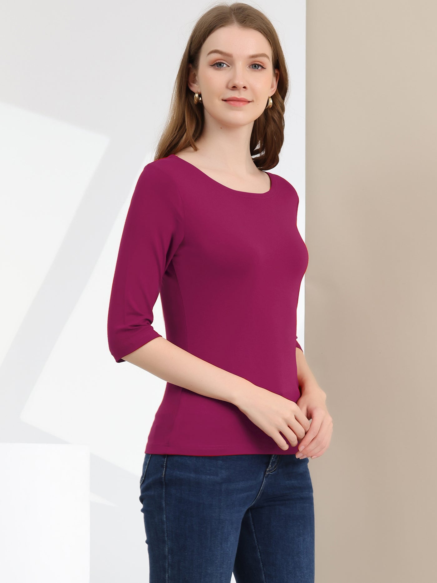 Allegra K Casual Boat Neck Elbow Sleeve Solid Basic T-shirt