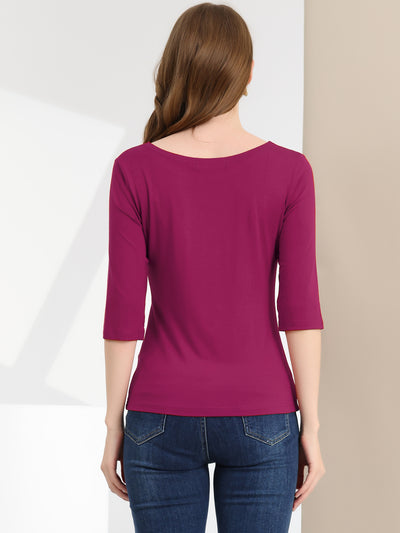 Casual Boat Neck Elbow Sleeve Solid Basic T-shirt